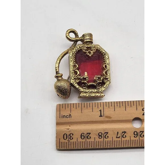 VTG Figural Ornate Perfume Bottle Pin Brooch Gold Tone Red Glass Faceted Stone - Picture 6 of 8